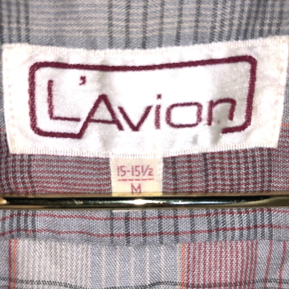 L’Avion 📌 VINTAGE medium 15-15.5 button down grey & red plaid long sleeve shirt - Picture 6 of 7